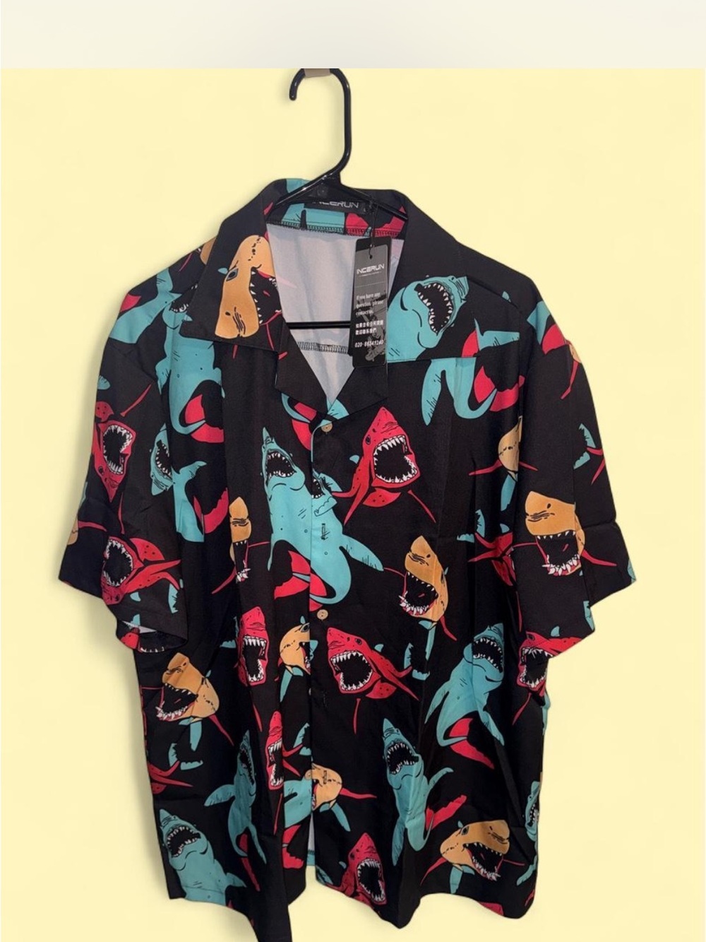 Black Short-Sleeve Shark Print Button-Down Shirt for Fishing!